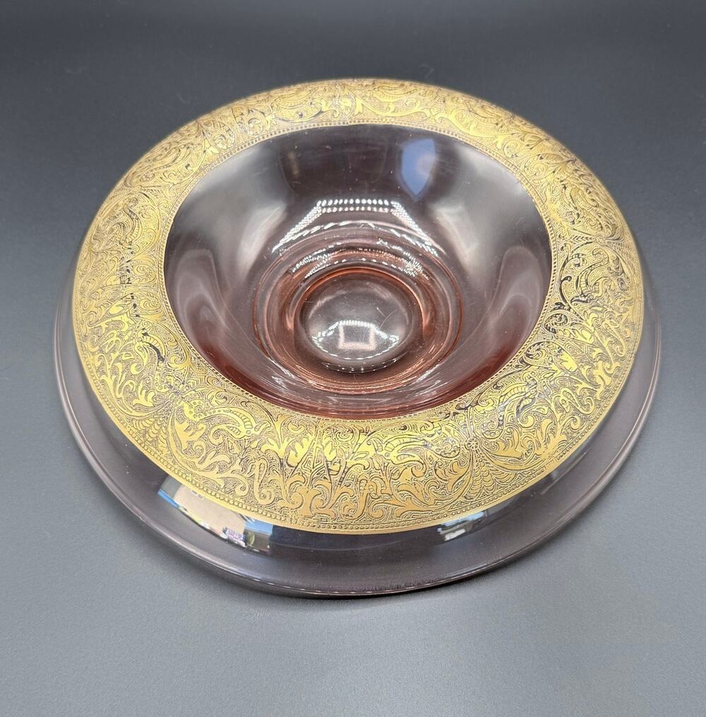 Vintage Pink Depression Glass Console Bowl Gold Encrusted Floral Rim